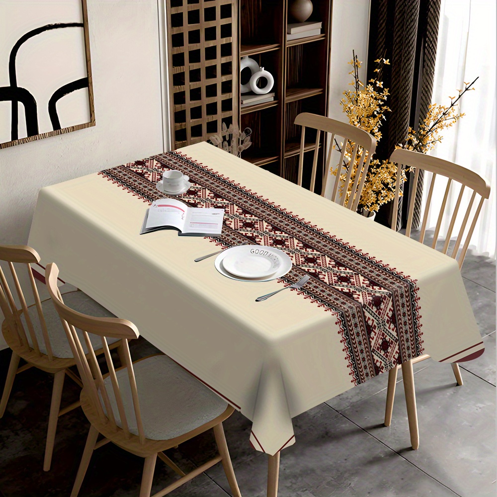 Desk Setup Background - Beige Background Ethnic Geometric Printed Tablecloth,