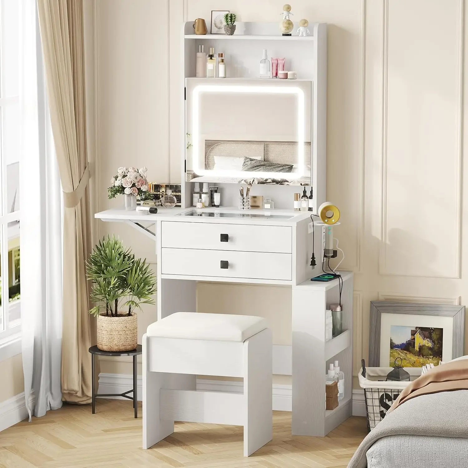 Desk Setup Charging Station - Small Makeup Vanity Desk with Three