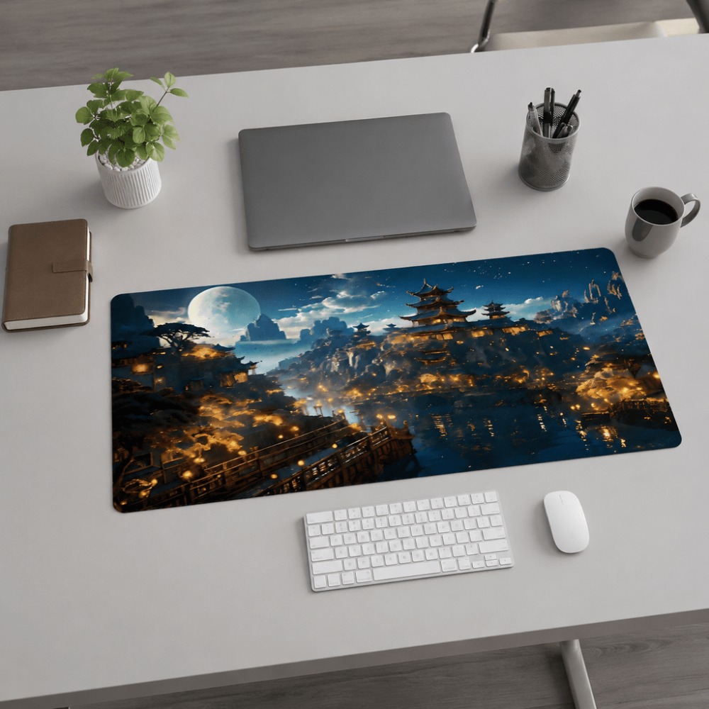 Work Desk Home Setup - Original fantasy night city moon print