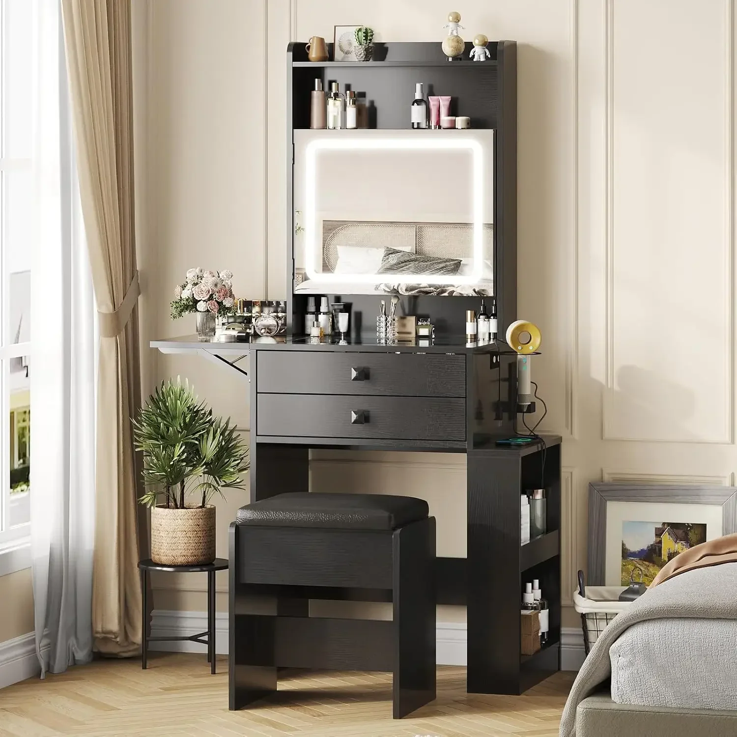Desk Setup Charging Station - Small Makeup Vanity Desk, 3 Adjustable