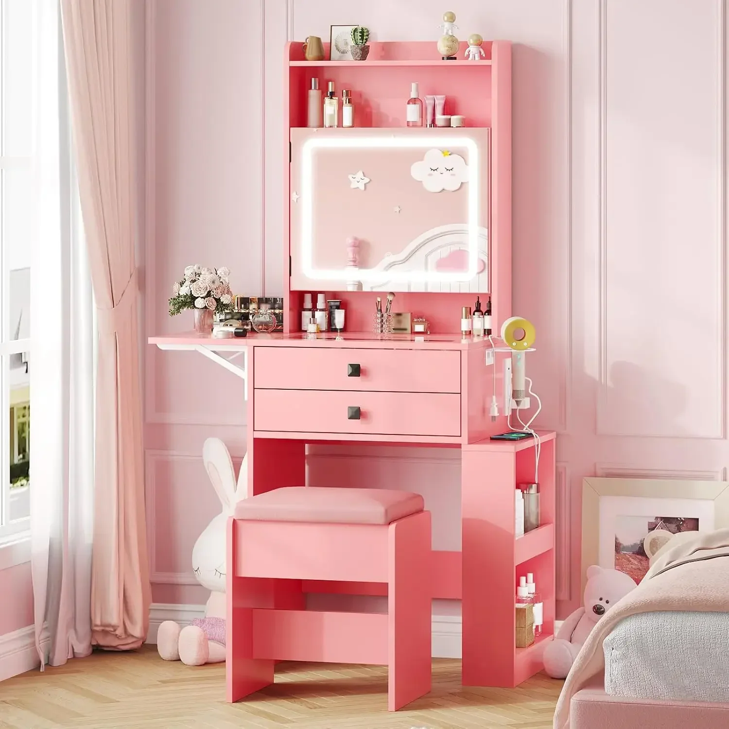 Desk Setup Charging Station - Small Makeup Vanity Desk, 3 Adjustable
