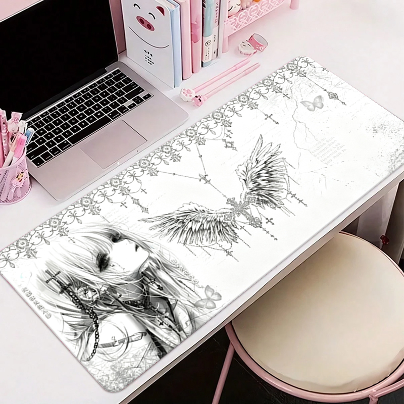 Desk Setup Ergonomic - Leather Mousepad Black White Anime Aesthetics