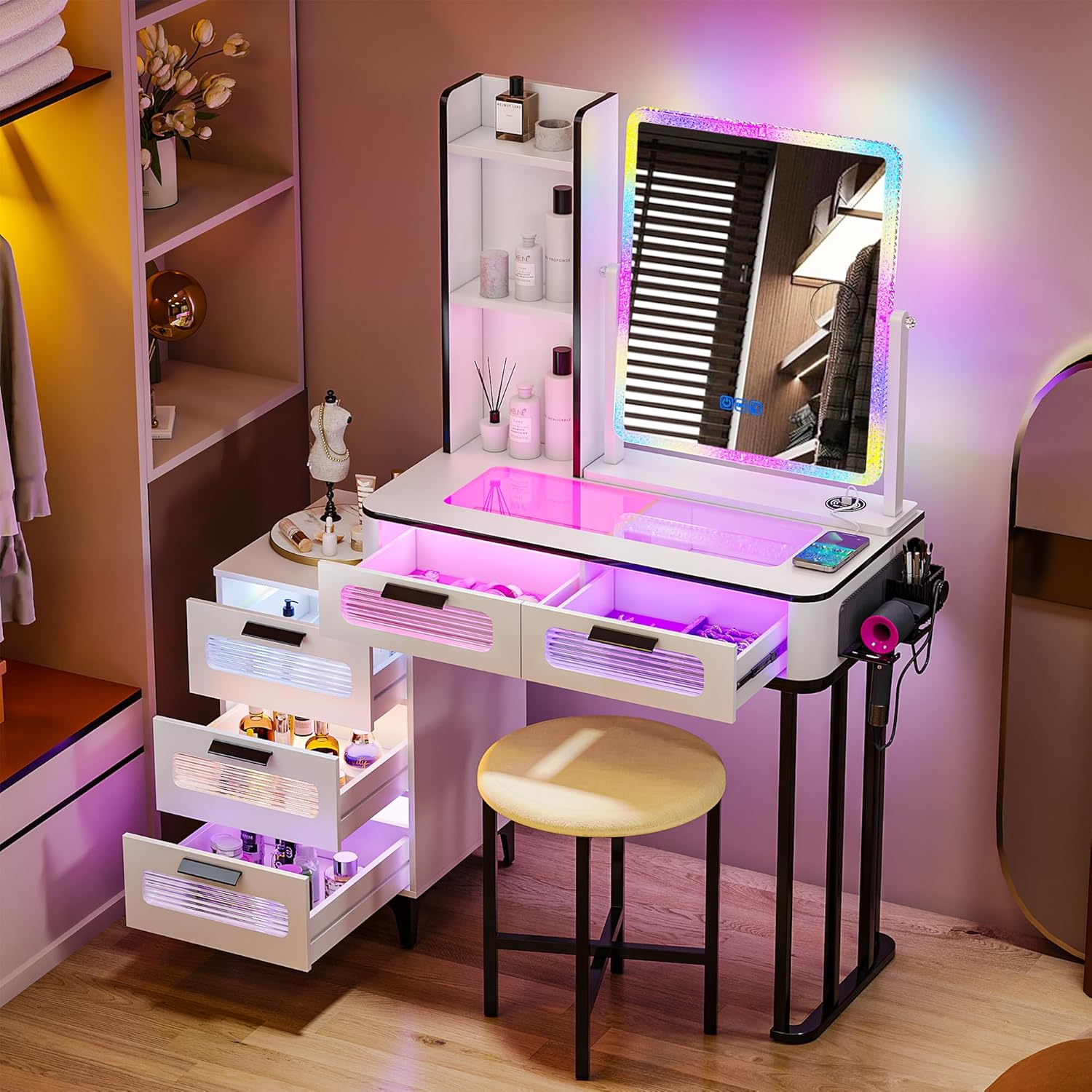 i*-RGB Makeup Vanity Desk with - Desk Setup Charging Station 评论和价格