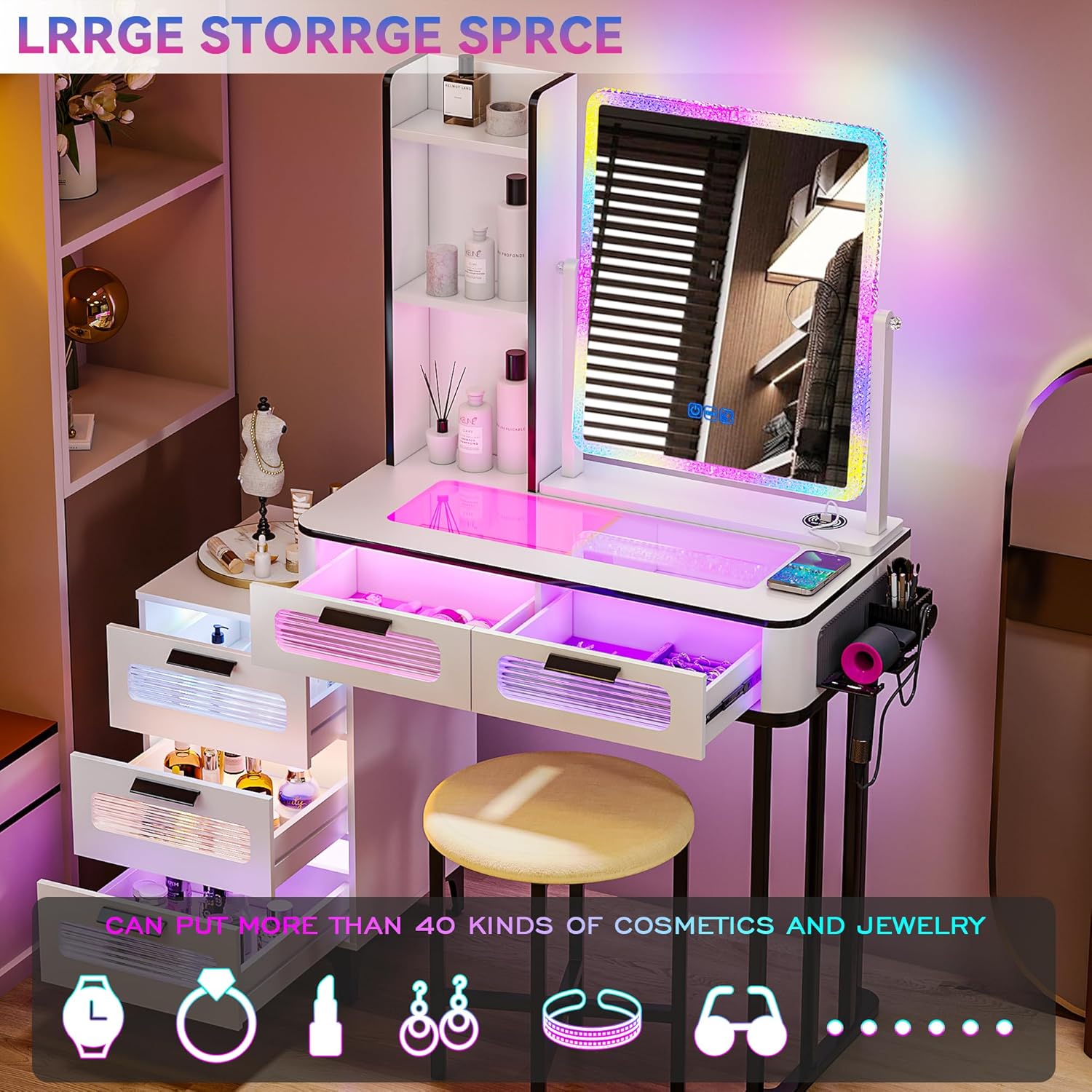 i*-RGB Makeup Vanity Desk with - Desk Setup Charging Station 评论和价格