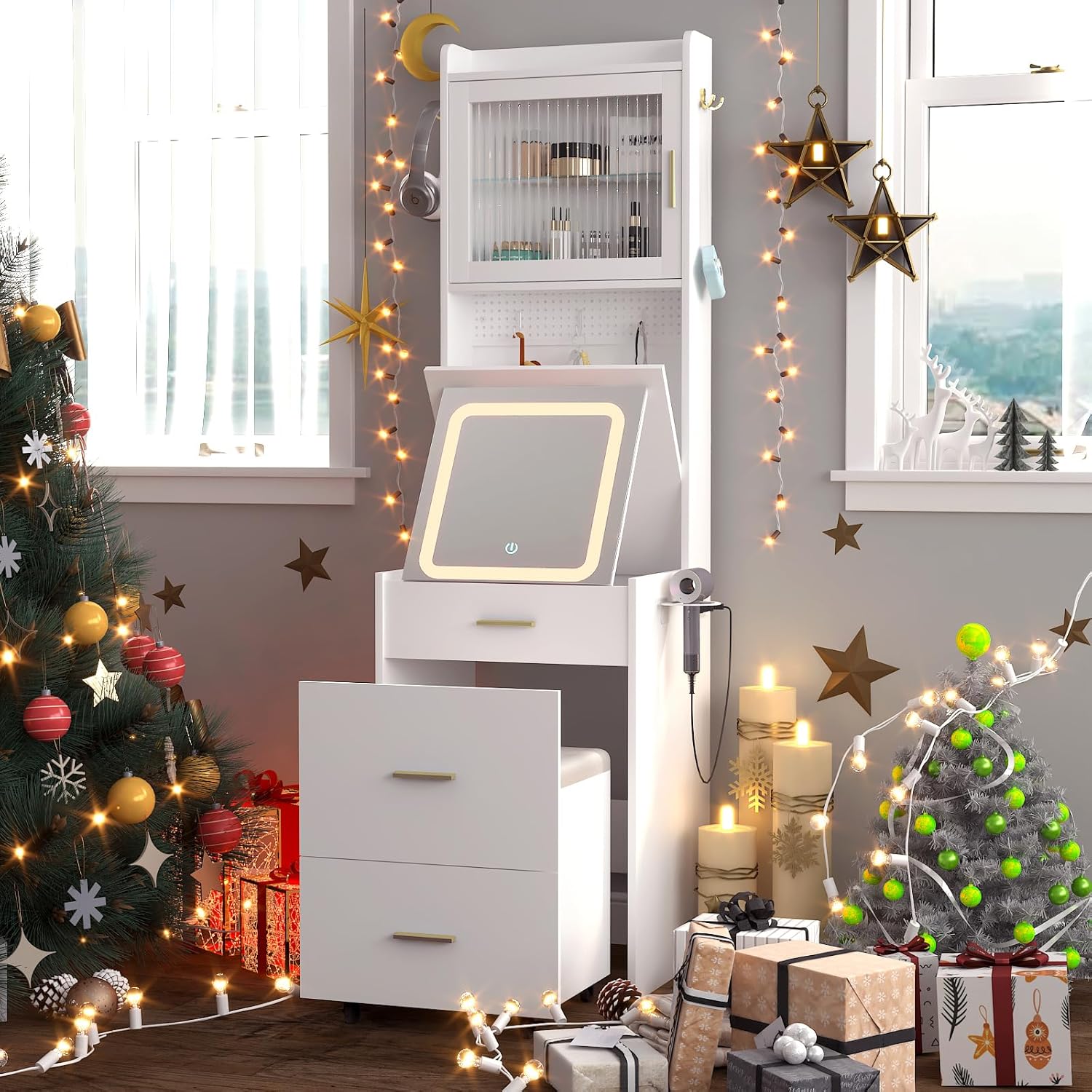 3 in 1 Vanity Desk with Fold-u - Desk Setup Charging Station 评论和价格